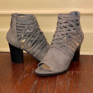 Gray open toed booties